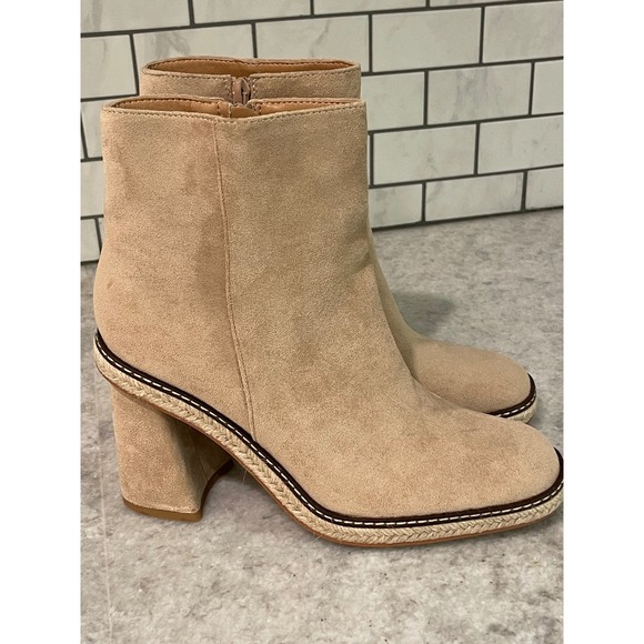 Mi.iM Shoes - Mi.iM Ankle Boots Women 9 Tan Suede Block Heel Espadrille Trim Square Toe Zip